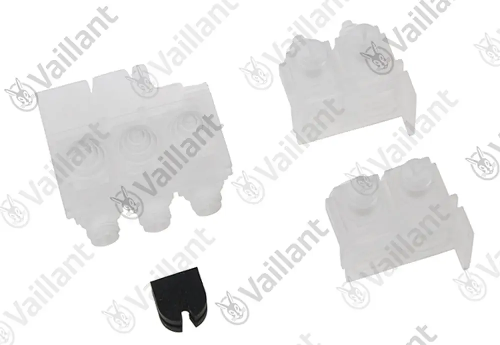 Set bestehend aus transparenten Kunststoffkomponenten für einen Vaillant Zugentlaster, inklusive zwei separater Teile und einer kleinen Halteplatte.